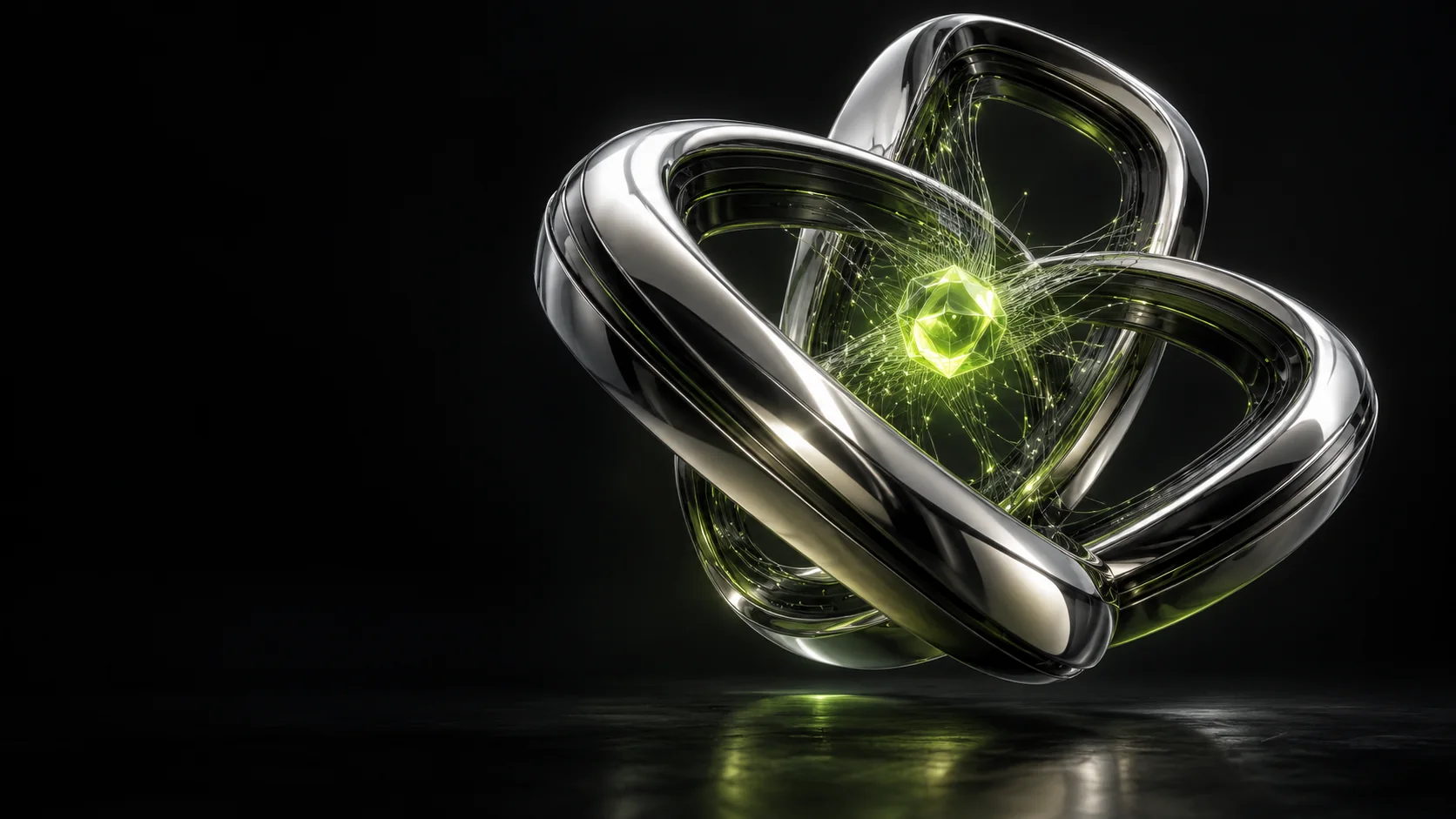 Sculptural chrome portals around an illuminated intelligence core